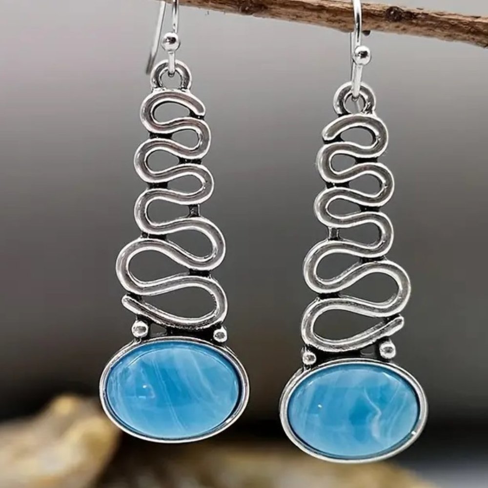 Silver Boho Blue Cloud Opal Wavy Long Swing Dangle Earrings - NEW